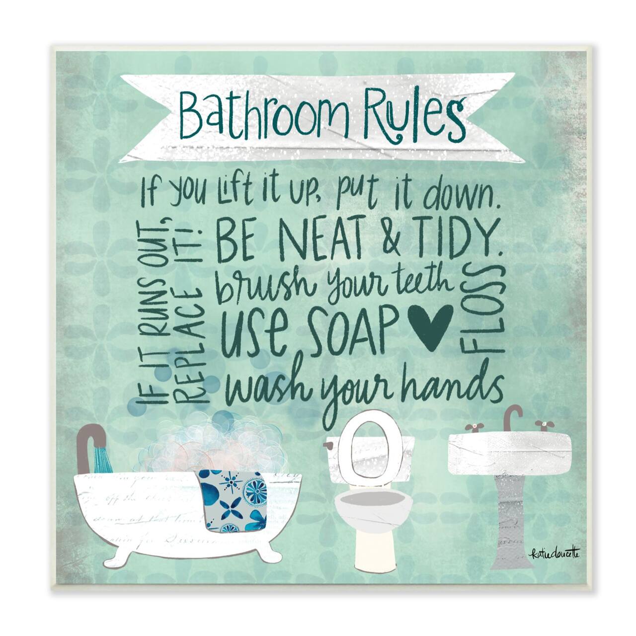 Stupell Industries Aqua Blue Bathroom Rules Collage Look Typography Wood Wall Plaque